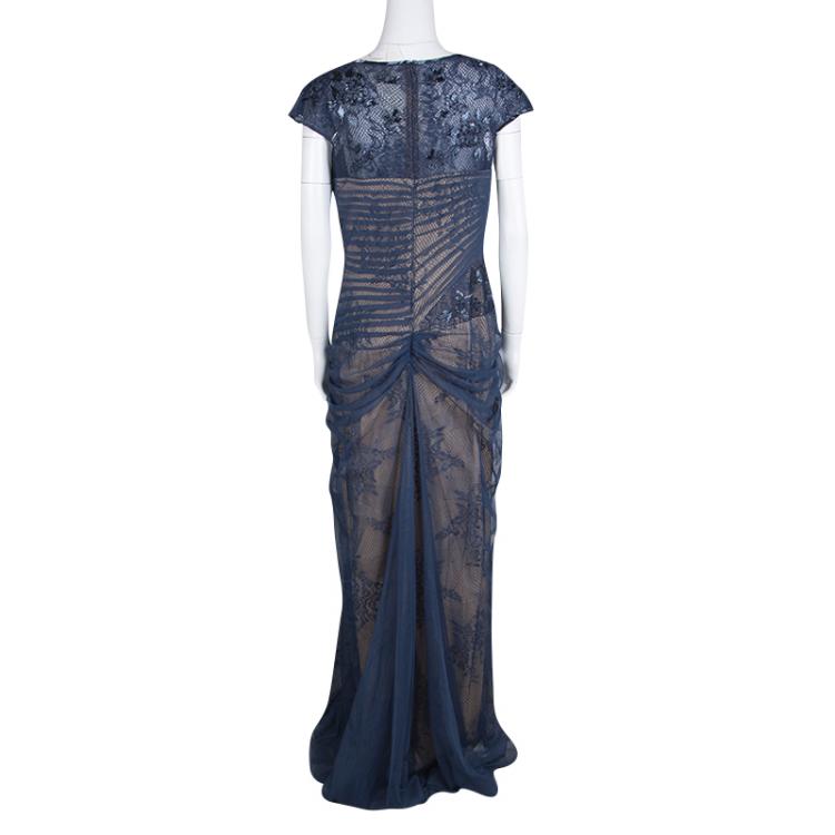 Pre Owned Tadashi Shoji Blue Embellished Lace Detail Cap Sleeve Asymmetric Gown L