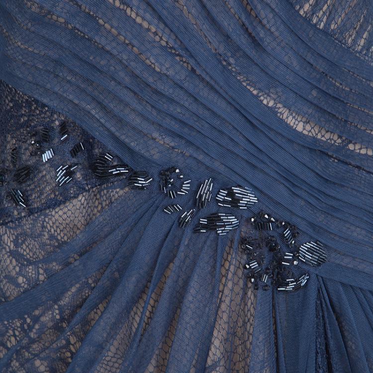 Pre Owned Tadashi Shoji Blue Embellished Lace Detail Cap Sleeve Asymmetric Gown L