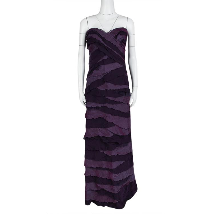 مملوكة مسبقًا Tadashi Shoji Purple Silk Ruffle Layered Strapless Gown XL