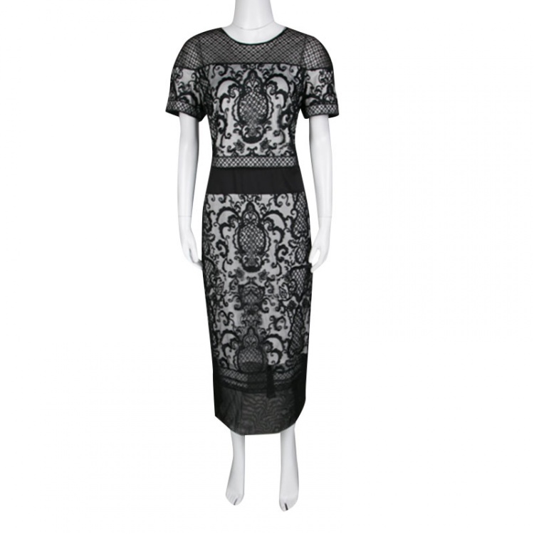 مملوكة مسبقًا Tadashi Shoji Monochrome Embroidered Tulle Crop Top Dress L