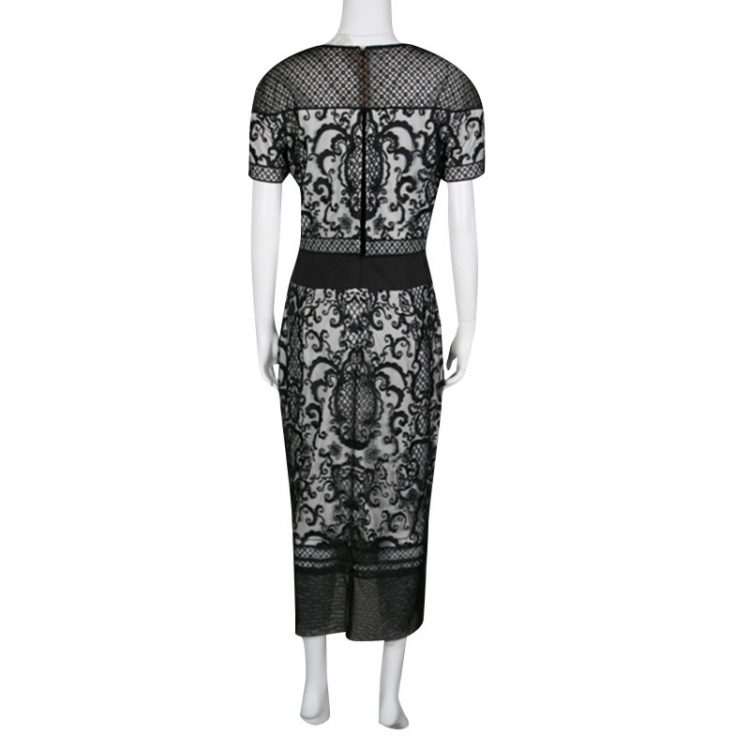 مملوكة مسبقًا Tadashi Shoji Monochrome Embroidered Tulle Crop Top Dress L