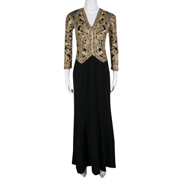 Pre Owned Tadashi Shoji Black and Gold Cord Embroidered Long Sleeve Trompe L'oeil Gown XS