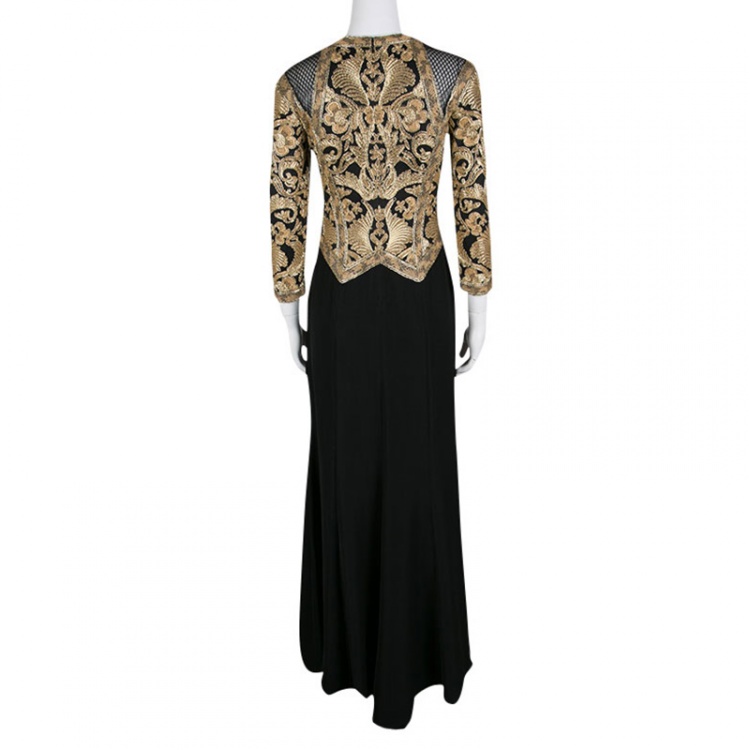 Pre Owned Tadashi Shoji Black and Gold Cord Embroidered Long Sleeve Trompe L'oeil Gown XS