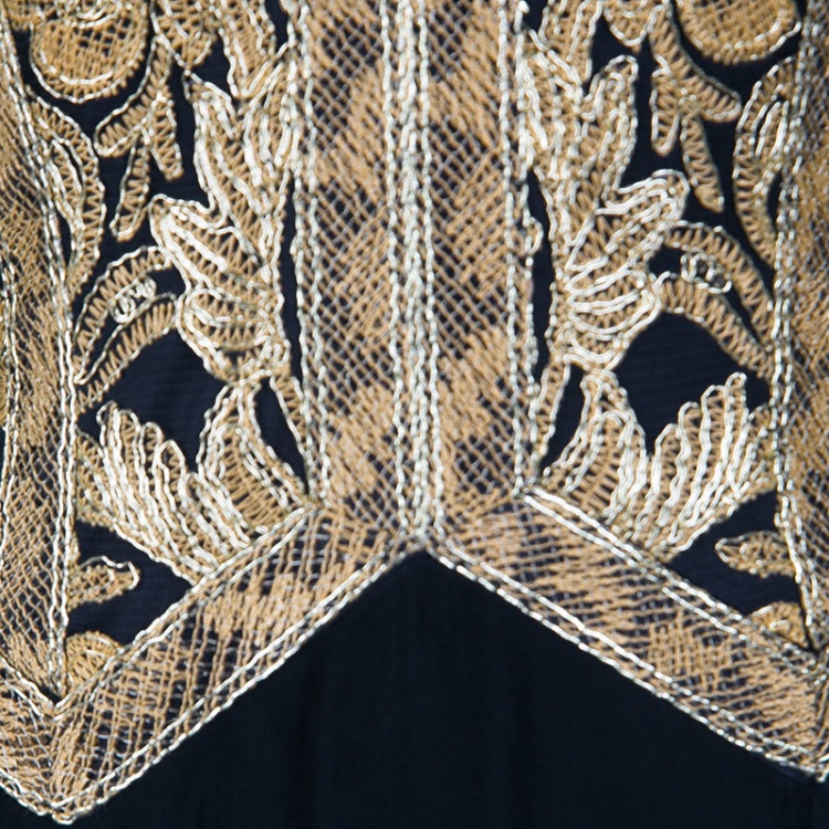 Pre Owned Tadashi Shoji Black and Gold Cord Embroidered Long Sleeve Trompe L'oeil Gown XS