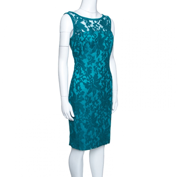 Pre Owned Tadashi Shoji Emerald Green Tulle Floral Embroidered Sleeveless Dress S