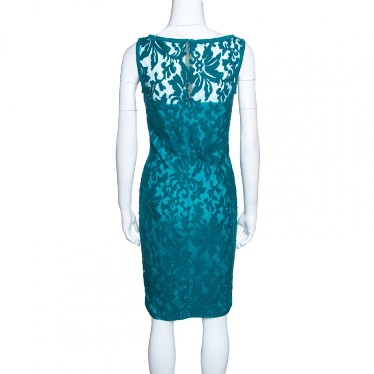 Pre Owned Tadashi Shoji Emerald Green Tulle Floral Embroidered Sleeveless Dress S