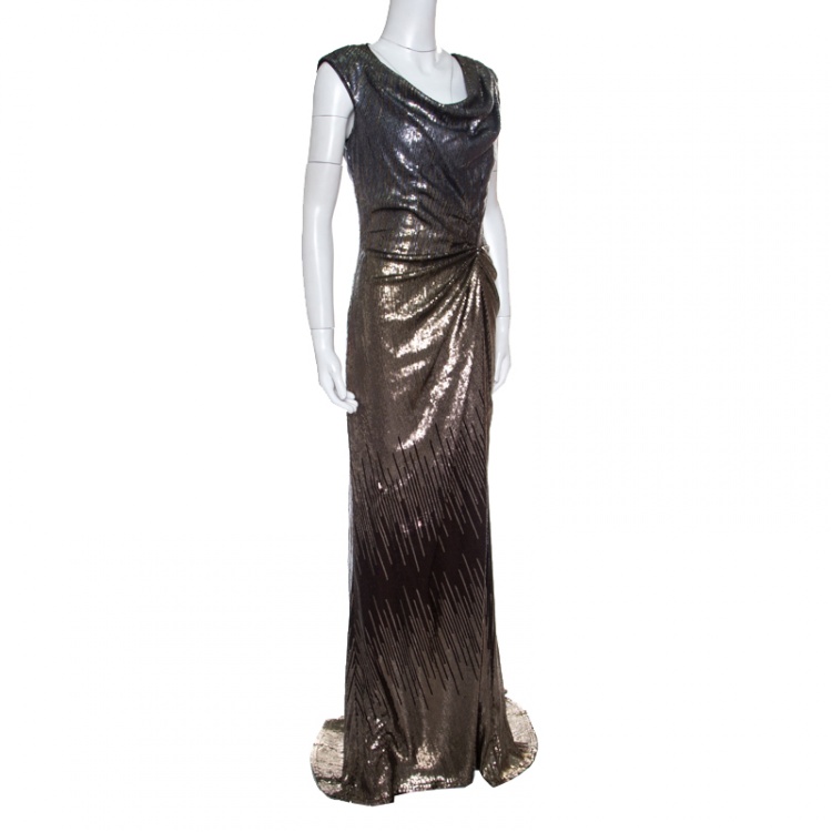 Pre Owned Tadashi Shoji Metallic Sequined Draped Gown M