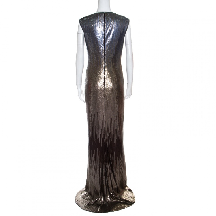 Pre Owned Tadashi Shoji Metallic Sequined Draped Gown M