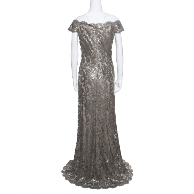 مملوكة مسبقًا Tadashi Shoji Dull Gold Sequined Off Shoulder Evening Gown XL