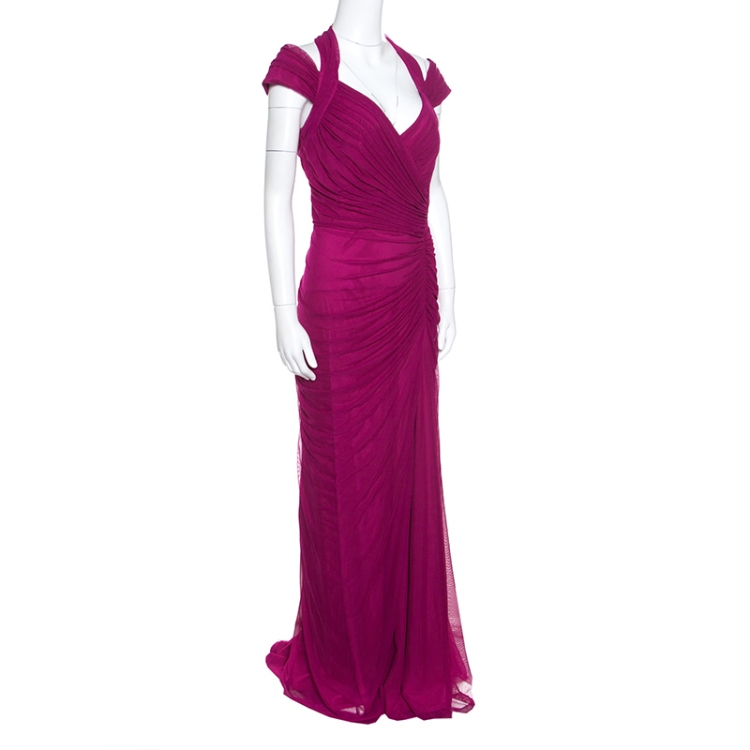مملوكة مسبقًا Tadashi Shoji Fuschia Off Shoulder Ruched Detail Halter Evening Gown L