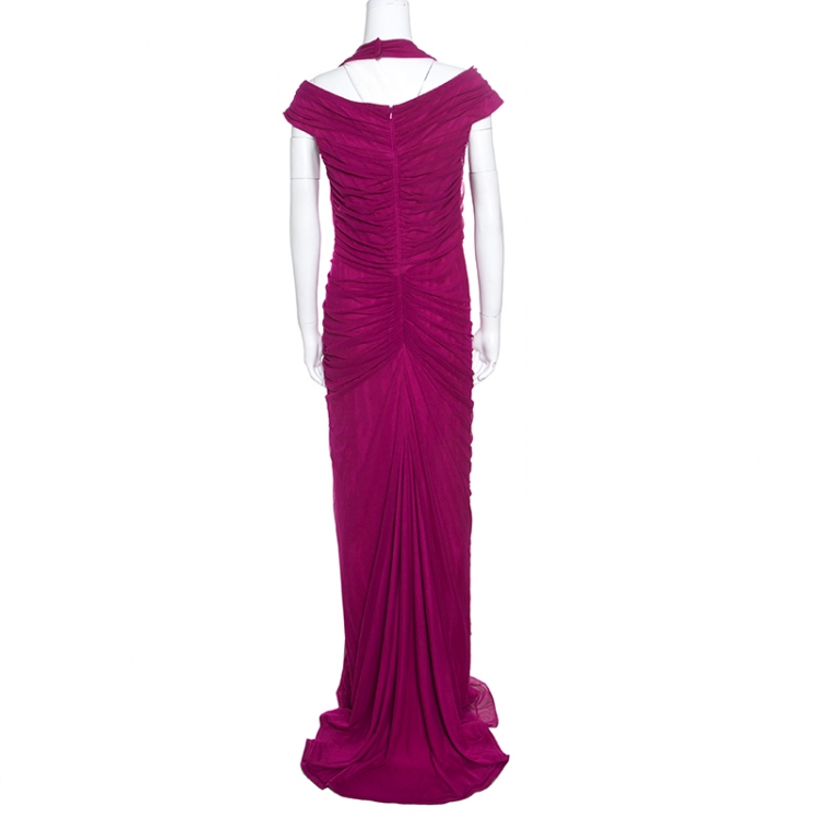 مملوكة مسبقًا Tadashi Shoji Fuschia Off Shoulder Ruched Detail Halter Evening Gown L