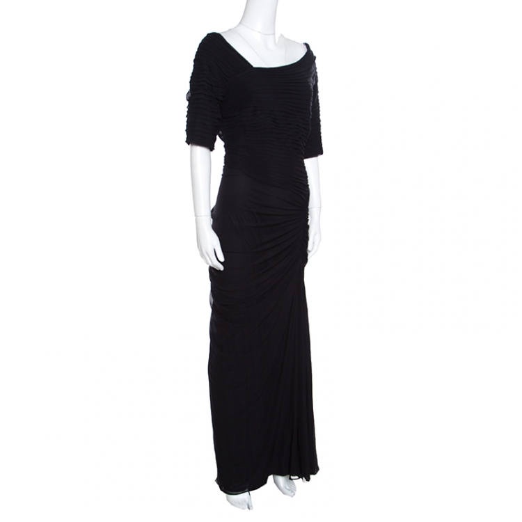 Pre Owned Tadashi Shoji Black Ruched Sunburt Draped Skirt Detail Evening Gown L