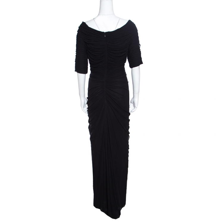 Pre Owned Tadashi Shoji Black Ruched Sunburt Draped Skirt Detail Evening Gown L