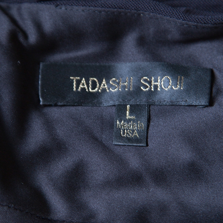 Pre Owned Tadashi Shoji Black Ruched Sunburt Draped Skirt Detail Evening Gown L