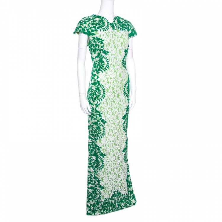 Pre Owned Tadashi Shoji Green and White Lace Cap Sleeve Mermaid Gown L