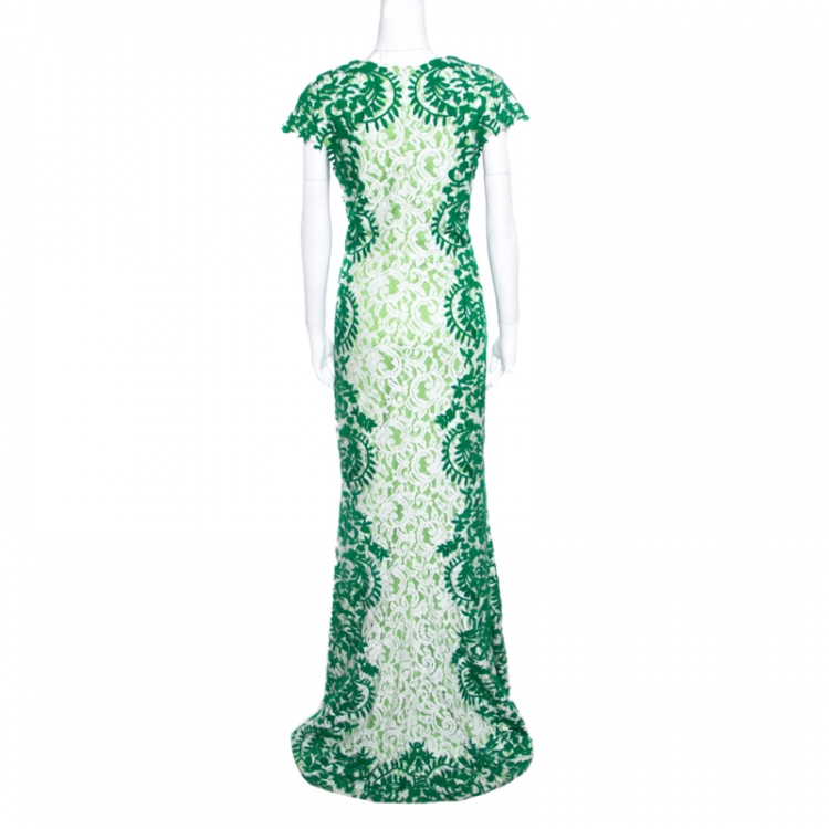 Pre Owned Tadashi Shoji Green and White Lace Cap Sleeve Mermaid Gown L