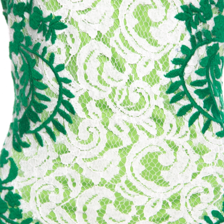 Pre Owned Tadashi Shoji Green and White Lace Cap Sleeve Mermaid Gown L
