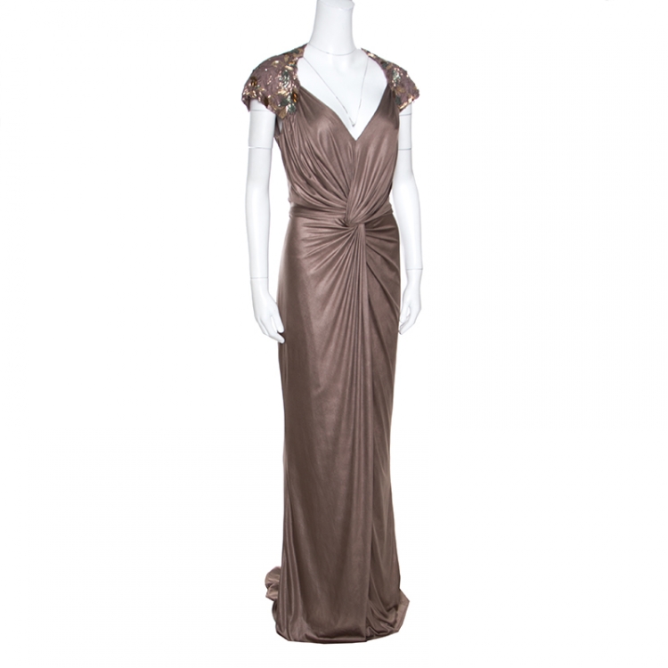 Pre Owned Tadashi Shoji Brown Draped Knit Cutout Back Detail Embellished Gown L