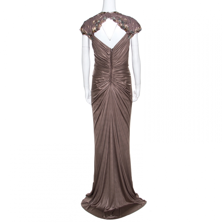 Pre Owned Tadashi Shoji Brown Draped Knit Cutout Back Detail Embellished Gown L