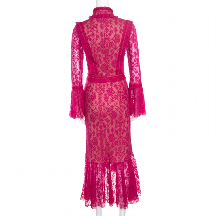 Pre Owned Tadashi Shoji Fuchsia Lace Overlay Detail Ruffle Front Asymmetric Marcellus Dress M