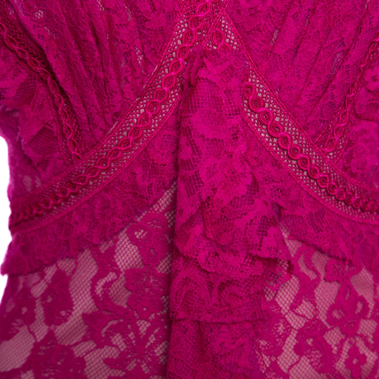 Pre Owned Tadashi Shoji Fuchsia Lace Overlay Detail Ruffle Front Asymmetric Marcellus Dress M