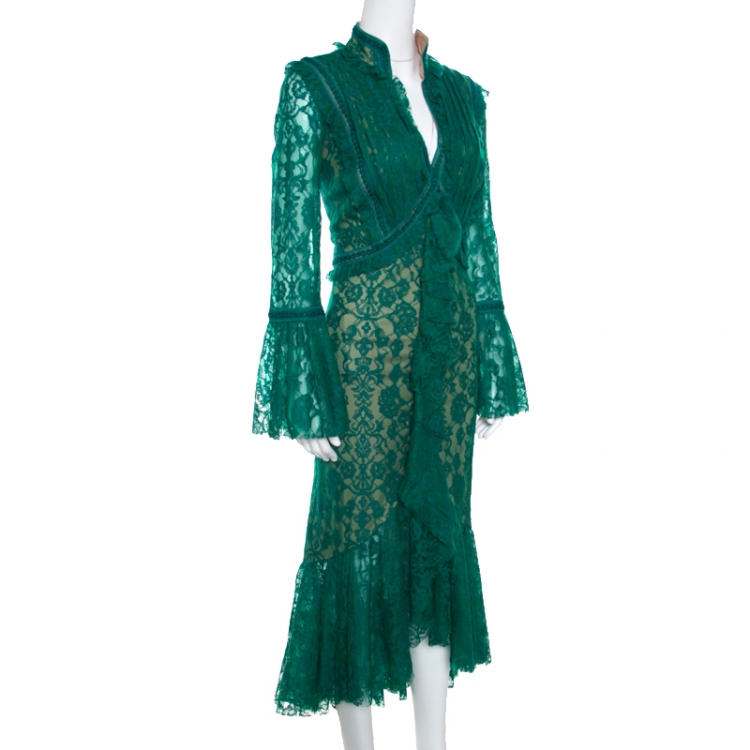 Pre Owned Tadashi Shoji Green Lace Overlay Detail Ruffle Front Asymmetric Marcellus Dress L