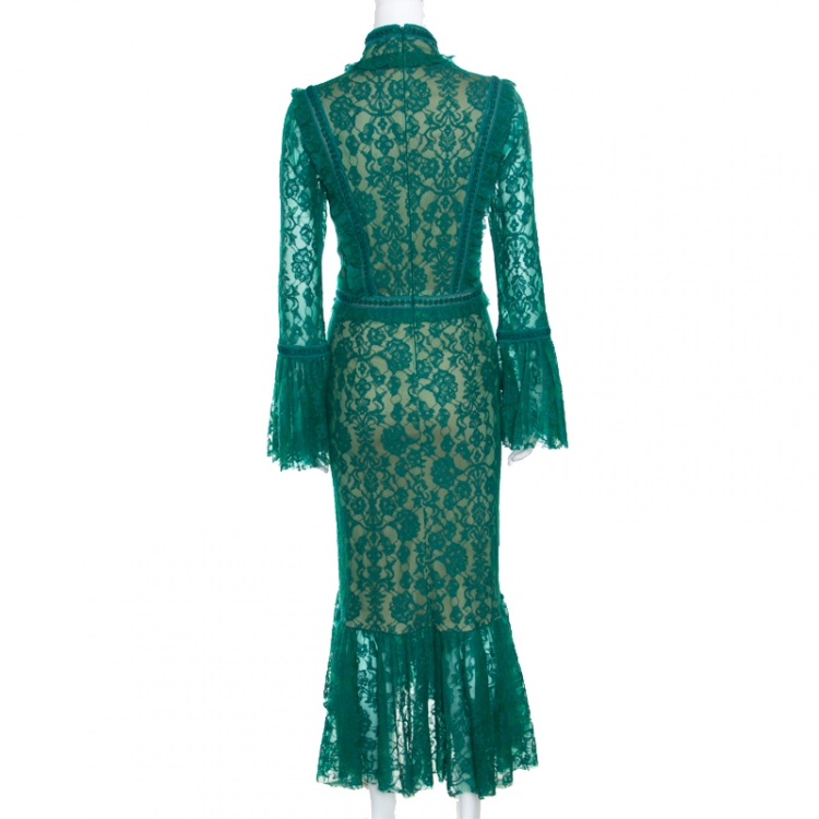 Pre Owned Tadashi Shoji Green Lace Overlay Detail Ruffle Front Asymmetric Marcellus Dress L