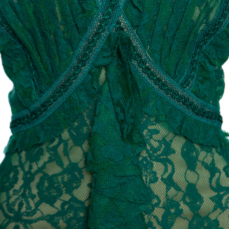 Pre Owned Tadashi Shoji Green Lace Overlay Detail Ruffle Front Asymmetric Marcellus Dress L