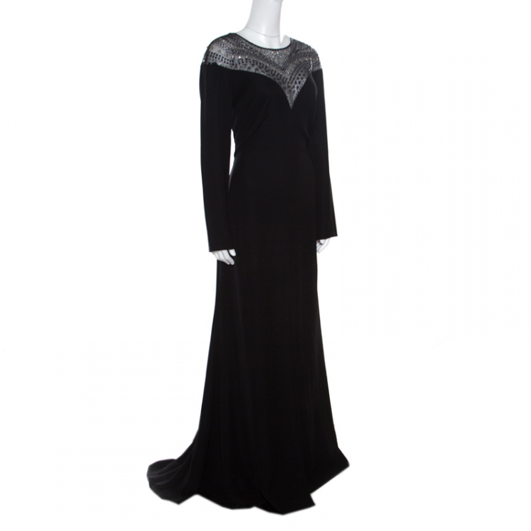 Pre Owned Tadashi Shoji Black Embellished Long Sleeve Slit Detail Katana Gown L