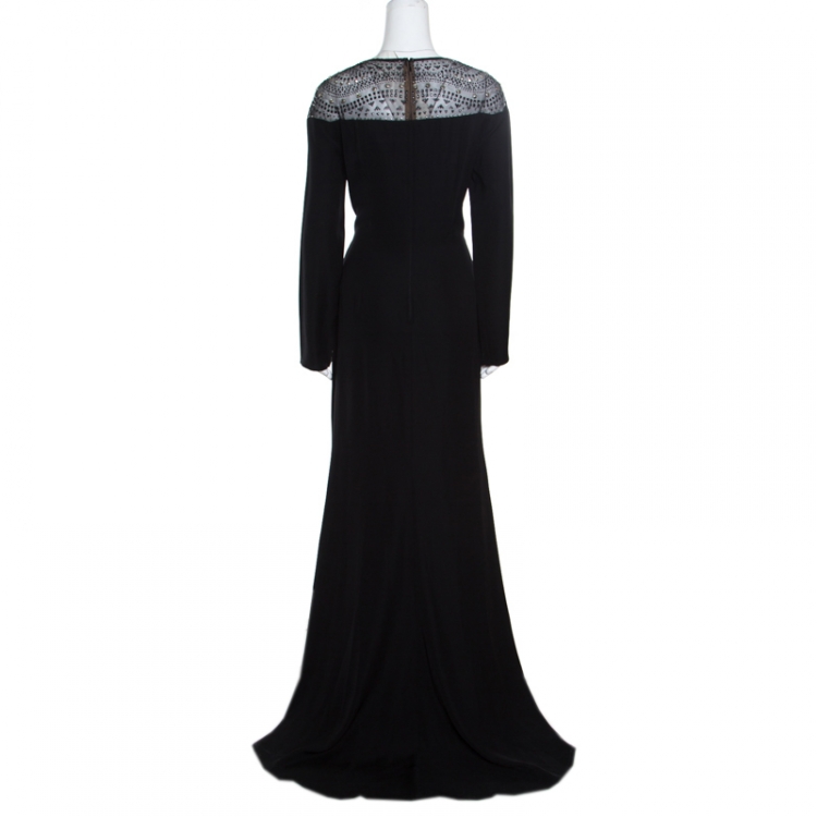 Pre Owned Tadashi Shoji Black Embellished Long Sleeve Slit Detail Katana Gown L