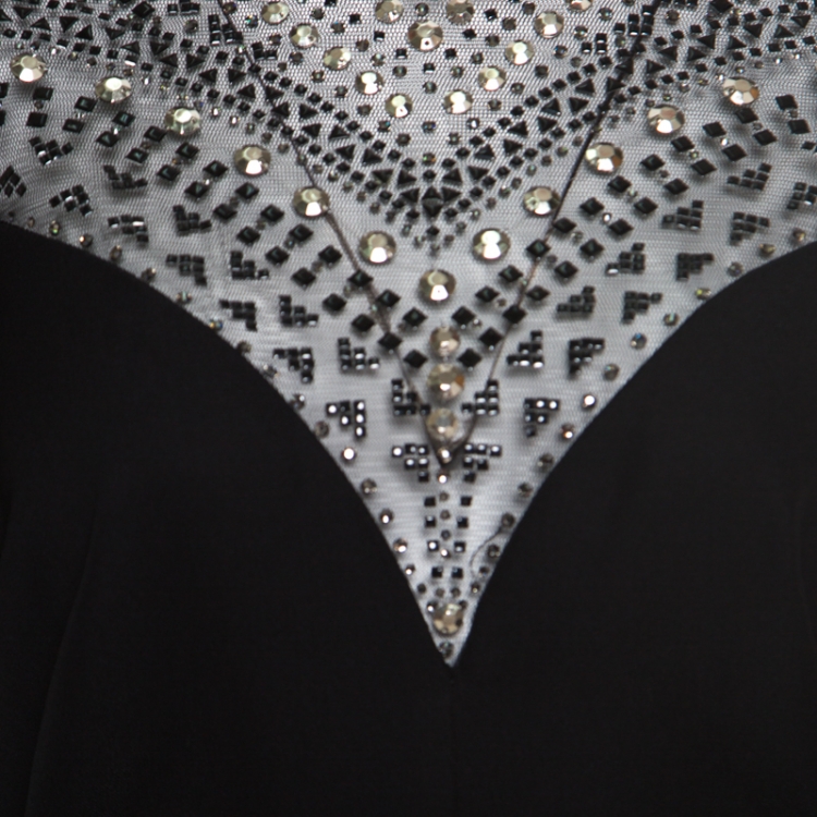Pre Owned Tadashi Shoji Black Embellished Long Sleeve Slit Detail Katana Gown L