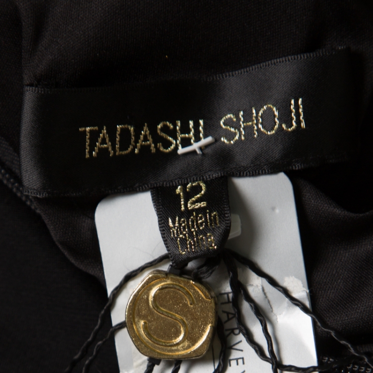 Pre Owned Tadashi Shoji Black Embellished Long Sleeve Slit Detail Katana Gown L