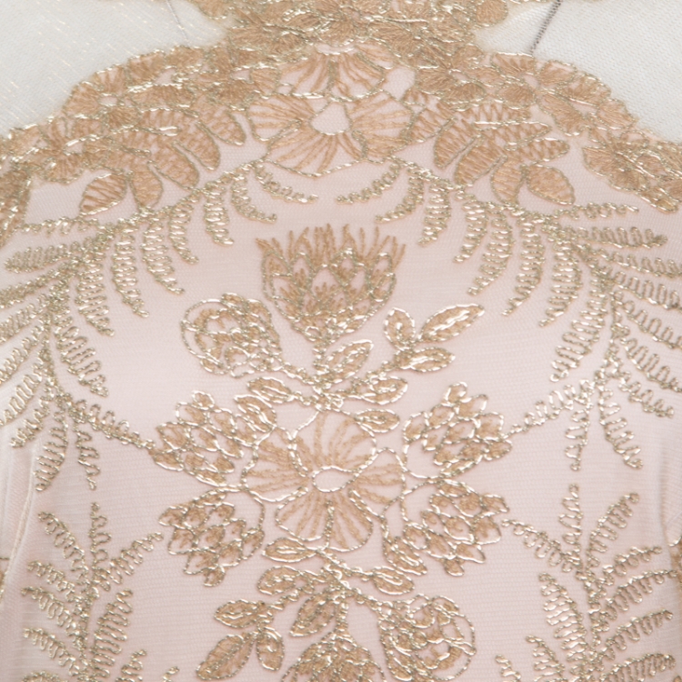 Pre Owned Tadashi Shoji Light Gold Metallic Cord Embroidered Detail Tulle Evening Gown S