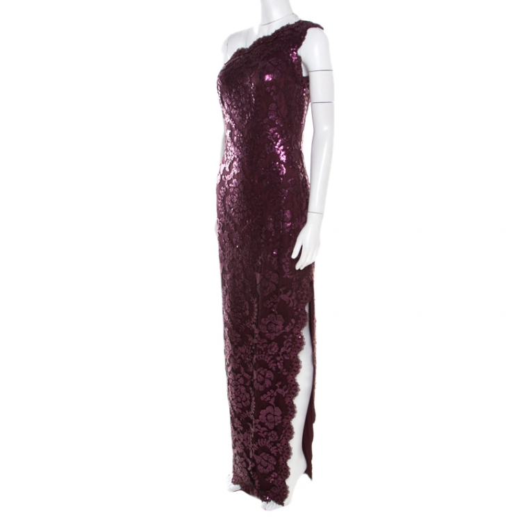 Pre Owned Tadashi Shoji Auburn Sequined Lace Scalloped Edge One Shoulder Gown S