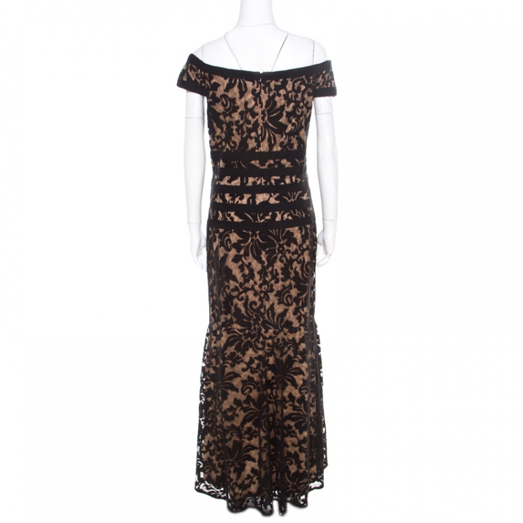 Pre Owned Tadashi Shoji Black Floral Embroidered Lace Bateau Neck Cap Sleeve Gown L