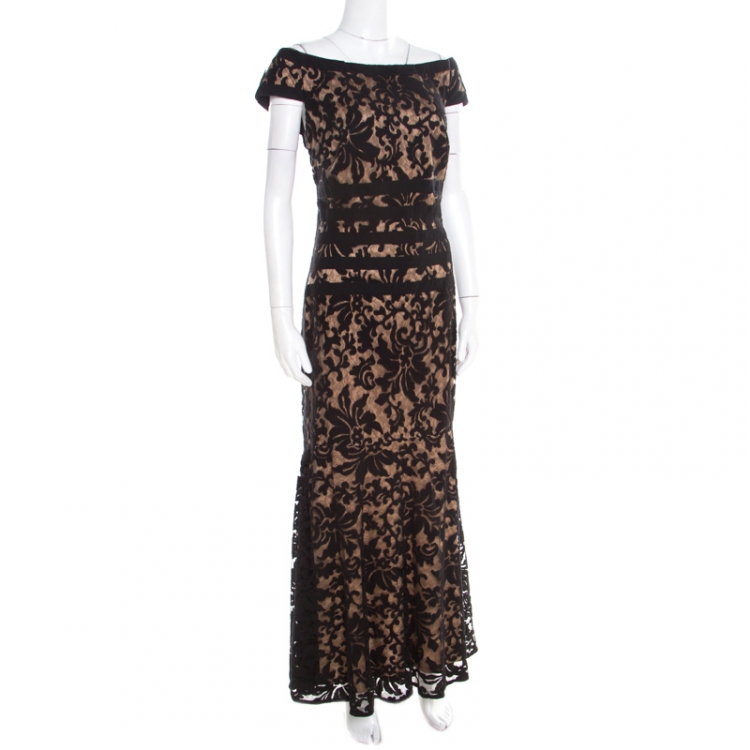 Pre Owned Tadashi Shoji Black Floral Embroidered Lace Bateau Neck Cap Sleeve Gown L