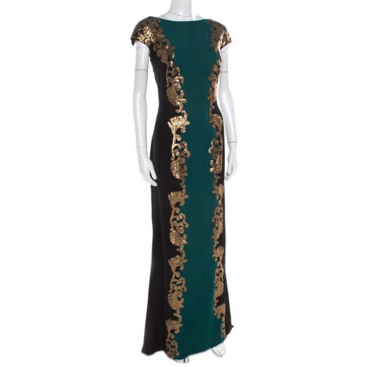 Pre Owned Tadashi Shoji Black and Green Embellished Side Panel Detail Boat Neck Gown XL