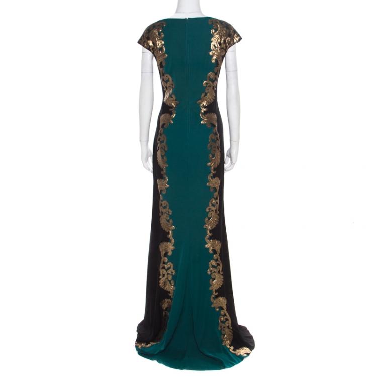 Pre Owned Tadashi Shoji Black and Green Embellished Side Panel Detail Boat Neck Gown XL