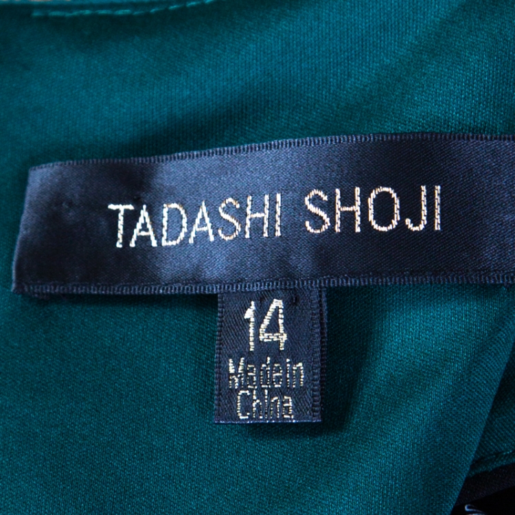 Pre Owned Tadashi Shoji Black and Green Embellished Side Panel Detail Boat Neck Gown XL