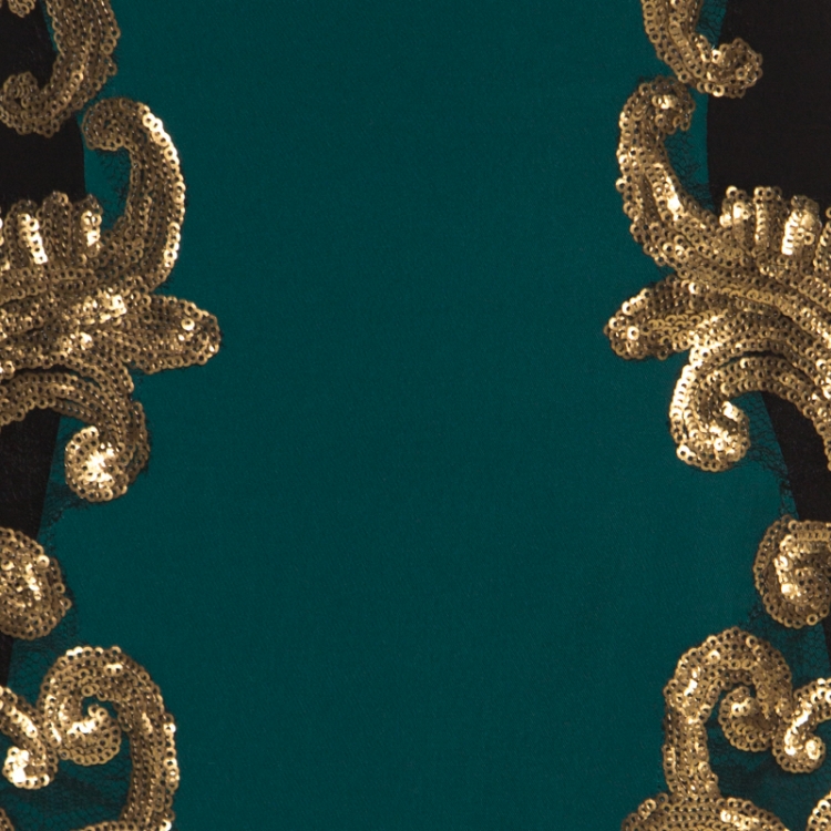 Pre Owned Tadashi Shoji Black and Green Embellished Side Panel Detail Boat Neck Gown XL