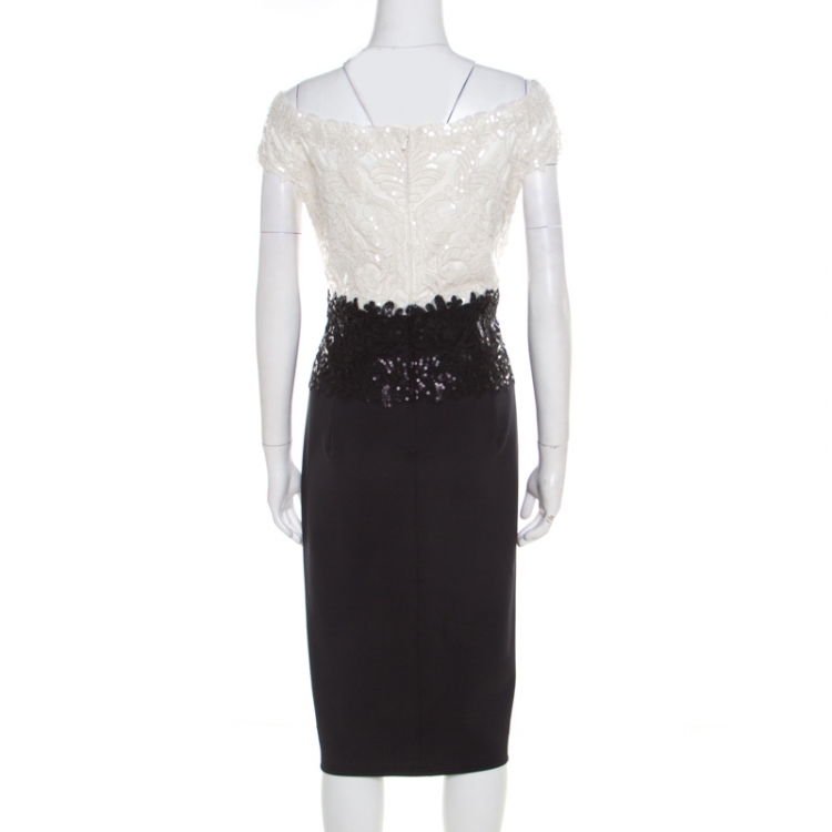 Pre Owned Tadashi Shoji Monochrome Embellished Corded Bodice Detail Iwaki Dress XL