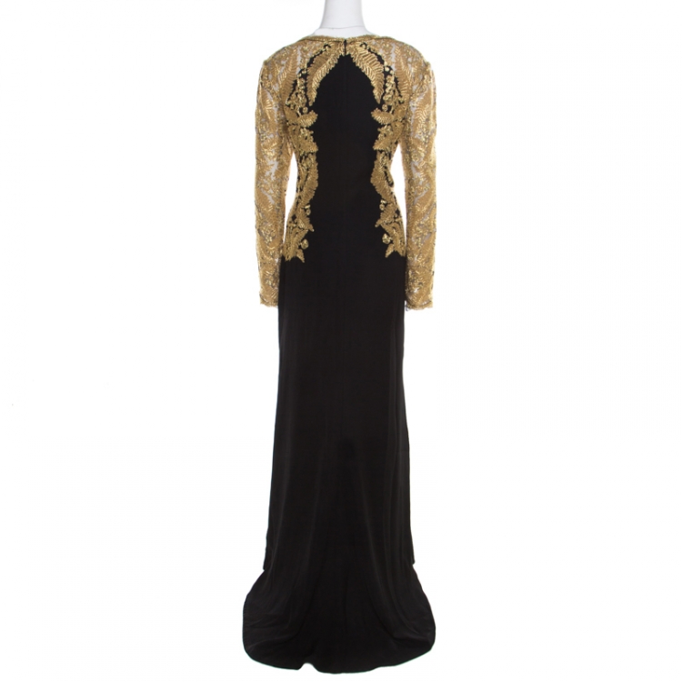 Pre Owned Tadashi Shoji Black Knit Metallic Lace Detail Long Sleeve Kinglet Gown XL