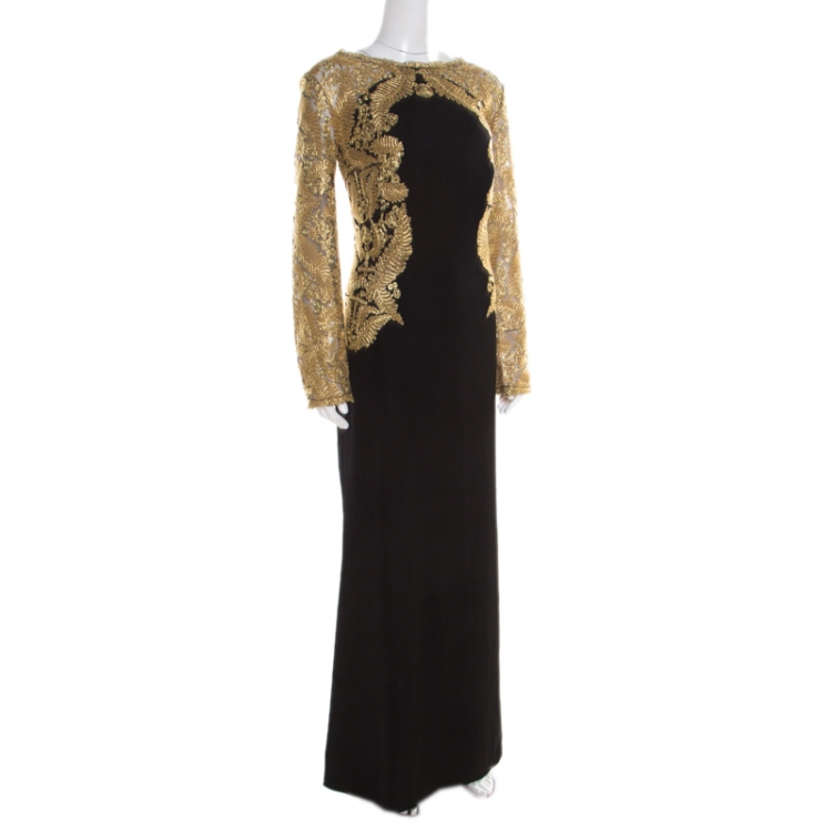 Pre Owned Tadashi Shoji Black Knit Metallic Lace Detail Long Sleeve Kinglet Gown XL