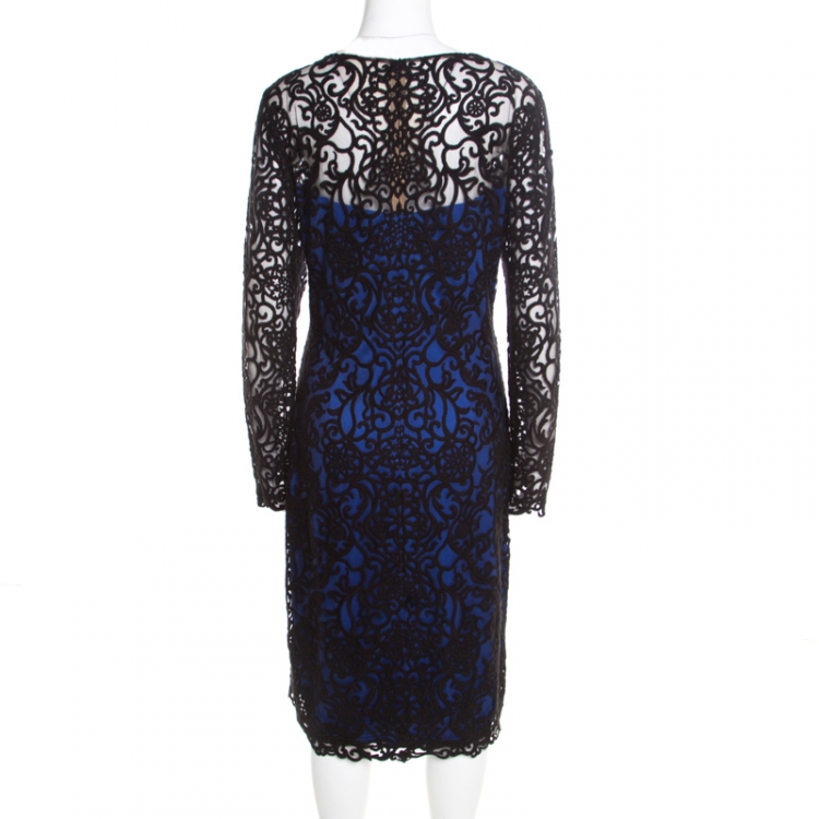 Pre Owned Tadashi Shoji Black Lace Overlay Bateau Neck Sheath Dress XL