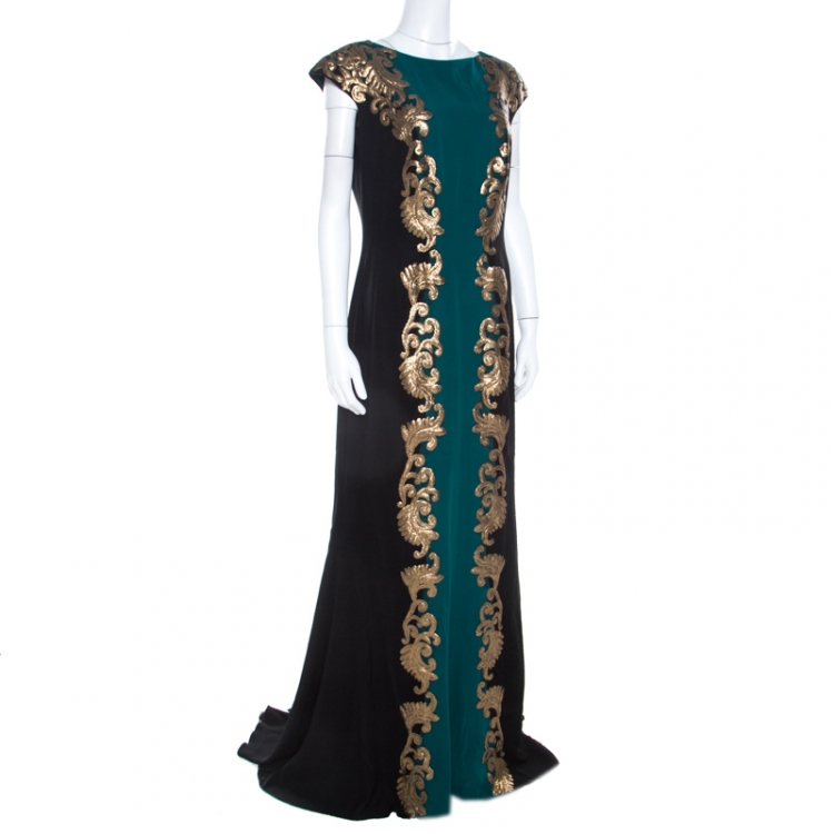 Pre Owned Tadashi Shoji Emerald Green and Black Sequin Paillette Applique Evening Gown L