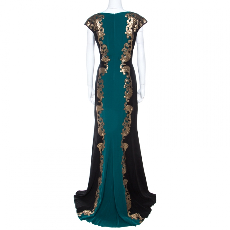 Pre Owned Tadashi Shoji Emerald Green and Black Sequin Paillette Applique Evening Gown L
