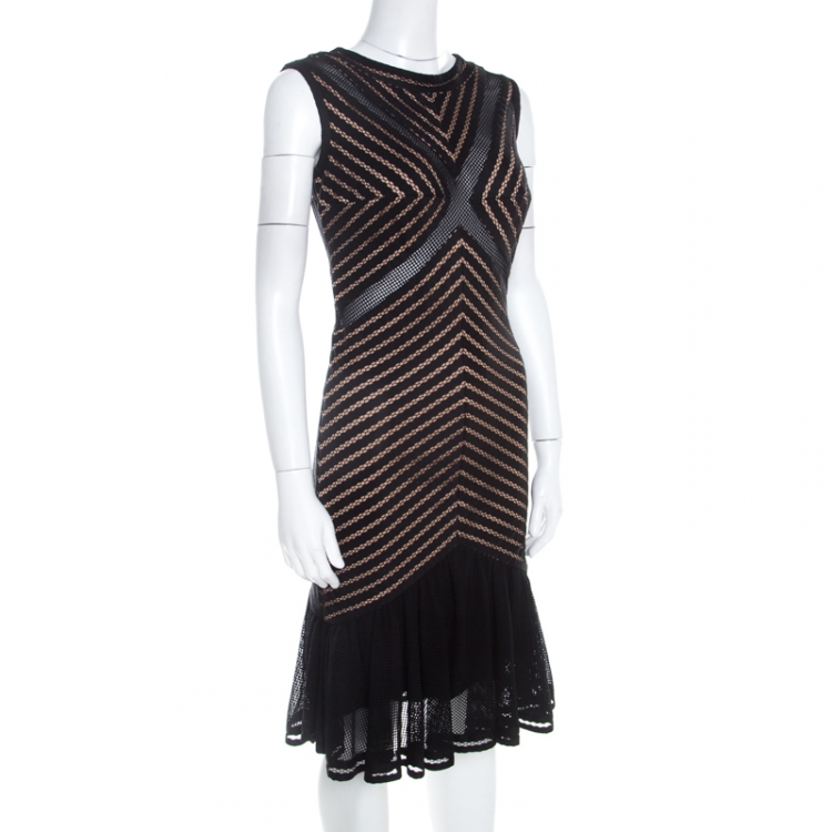 Pre Owned Tadashi Shoji Black Perforated Knit Sheer Paneled Sleeveless Flounce Dress XS