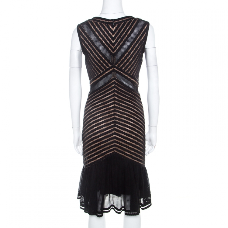 Pre Owned Tadashi Shoji Black Perforated Knit Sheer Paneled Sleeveless Flounce Dress XS
