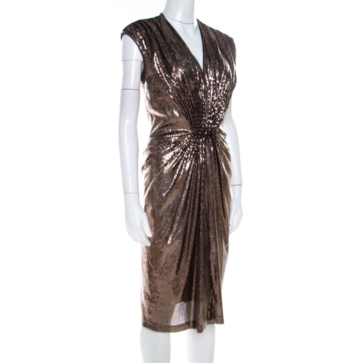 Pre Owned Tadashi Shoji Gold Sequin Gathered Waist Detail Midi Dress M