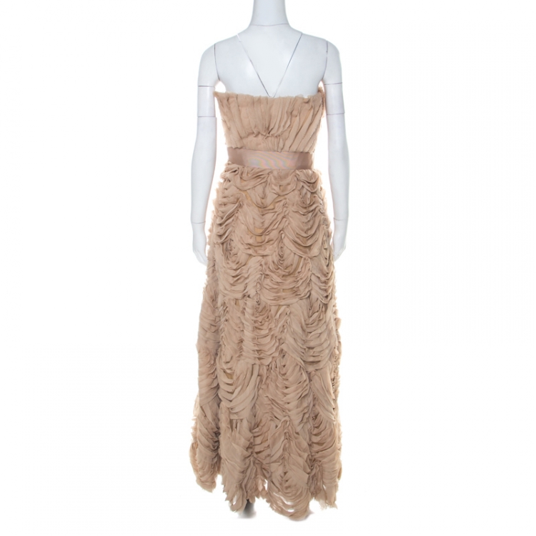 Pre Owned Tadashi Shoji Beige Chiffon and Tulle Floral Ruffle Applique Strapless Gown M 